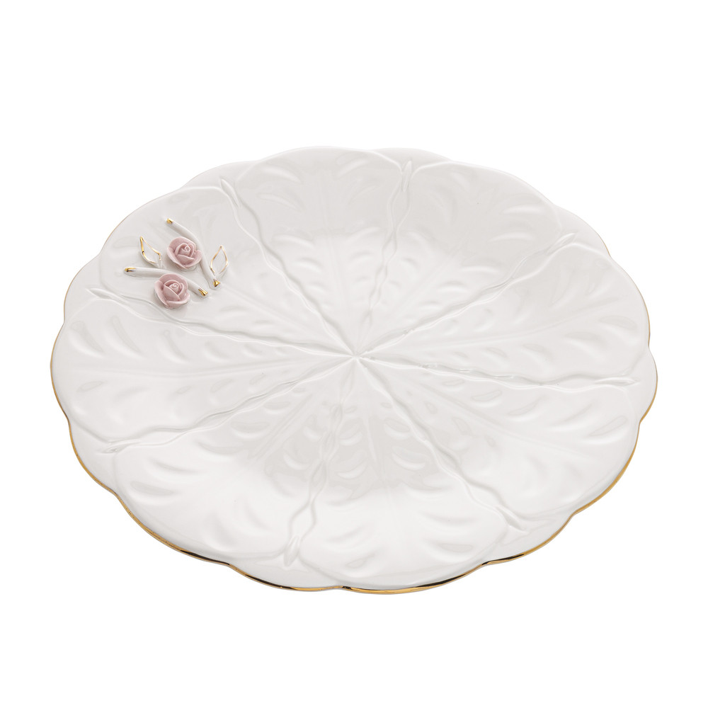 Prato de Porcelana Branca P/Bolo Flower Design Plate Colorido 29,5x3,2cm Wolff