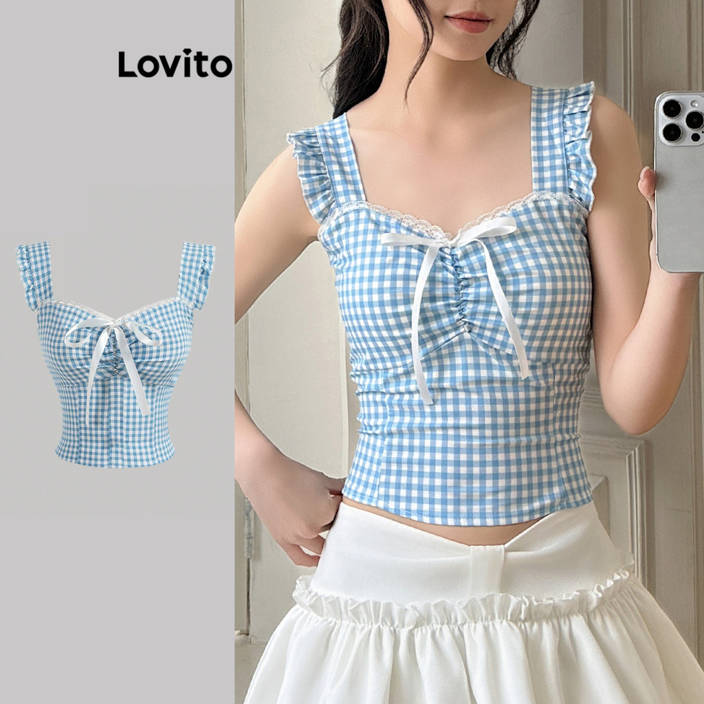 Lovito Casual Gingham Bow Ruffle Neck Tank Top para mulheres L112ED844 - Women Clothes