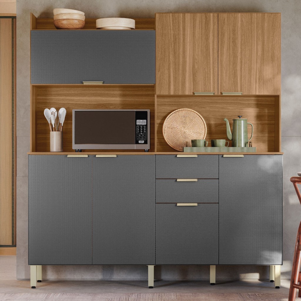 Cozinha Compacta Pitaya 7 Portas 2 Gavetas Amêndola/Grafito Prime Tx - Demobile em Oferta na Shopee