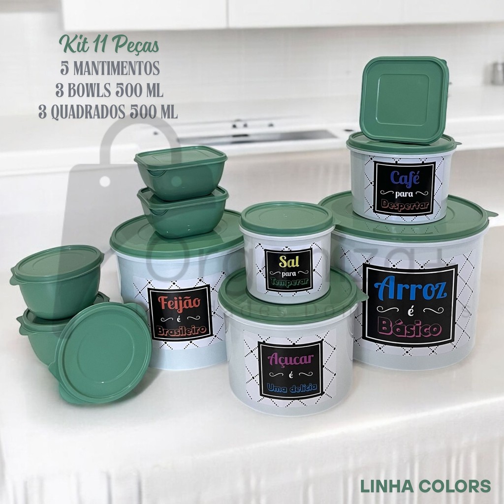 Kit 11 Peças 5 Mantimentos + 3 Bowls 500 ml + 3 Potes Quadrados 500 ml Cozinha Decorada em Oferta na Shopee