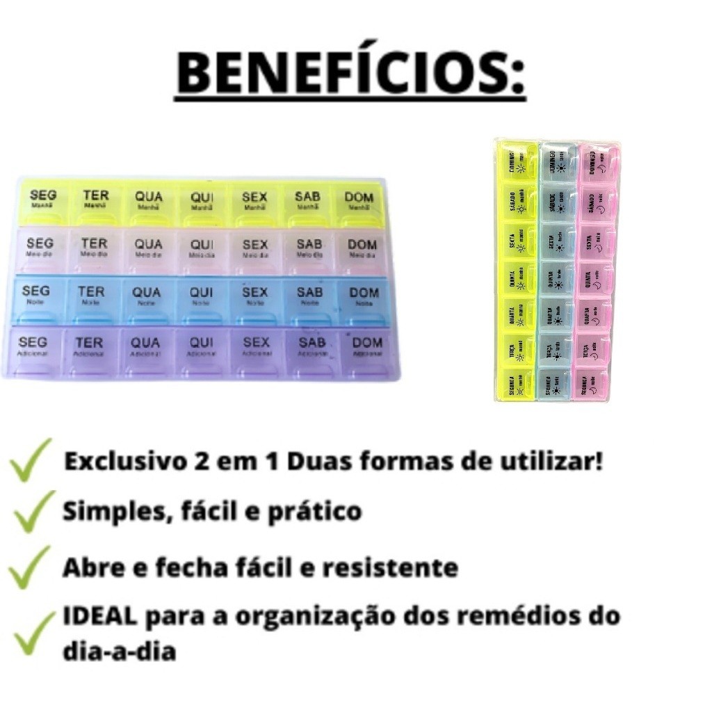 Porta Comprimido De 3 Fileiras 22x12CM Organizador De Remédios Semanal e Mensal Universal Colorido