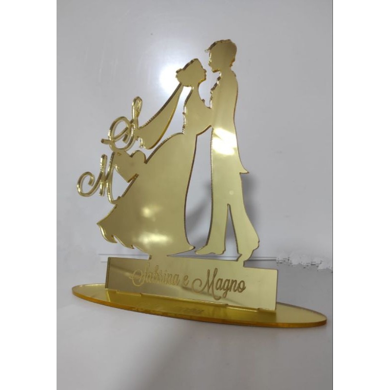 Topo para Bolo Noivos acrílico espelhado dourado, Rose Gold ou Prata (nome e iniciais personalizada) em Oferta na Shopee