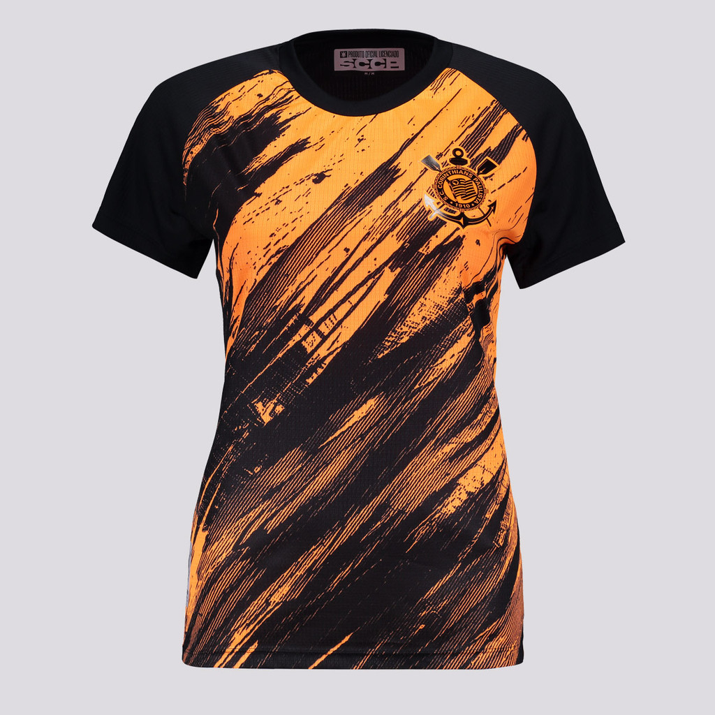 Camisa Corinthians Rajados Feminina Preta e Laranja