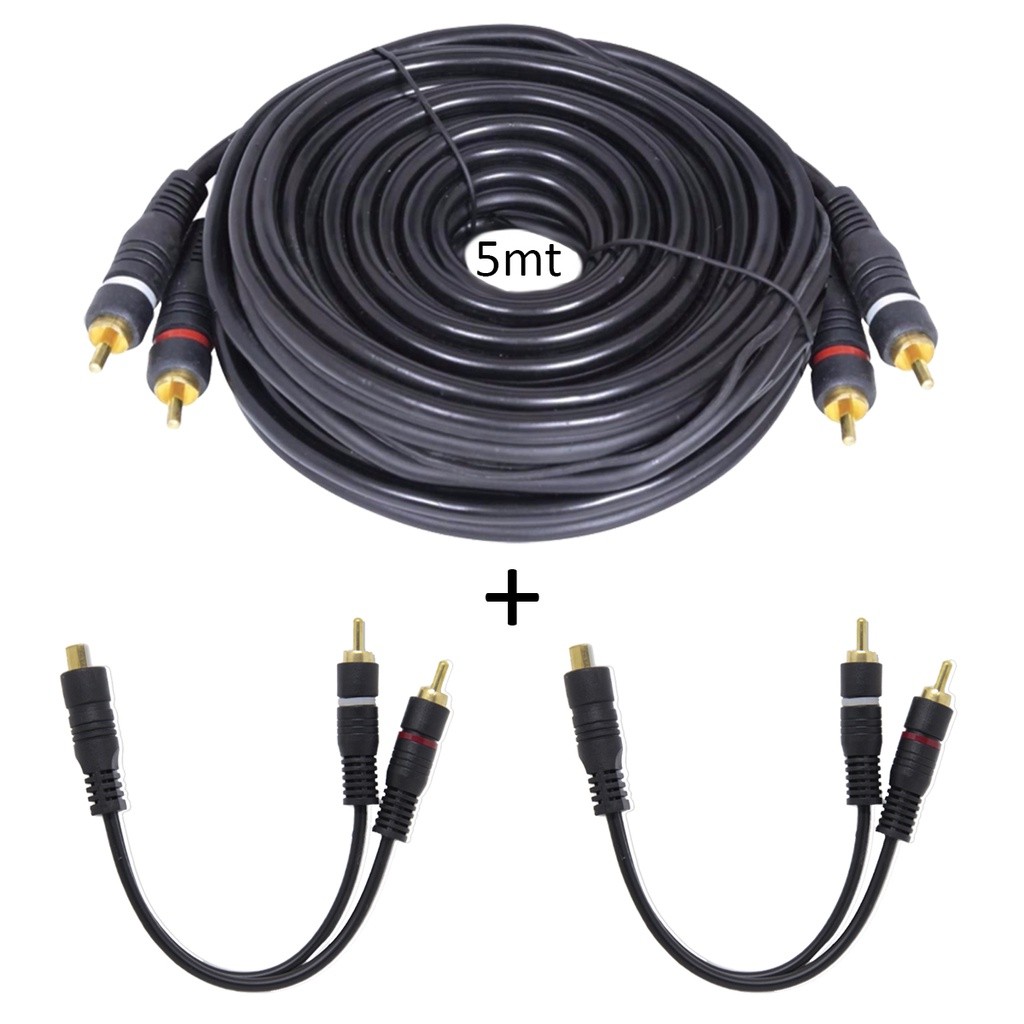 Kit Cabo RCA 5m 4mm Emborrachado + 2x Cabo Y RCA NWT 1Femea/2Macho 3,6mm Som Automotivo - Audio