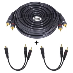 Kit Cabo RCA 5m 4mm Emborrachado + 2x Cabo Y RCA NWT 1Femea/2Macho 3,6mm Som Automotivo