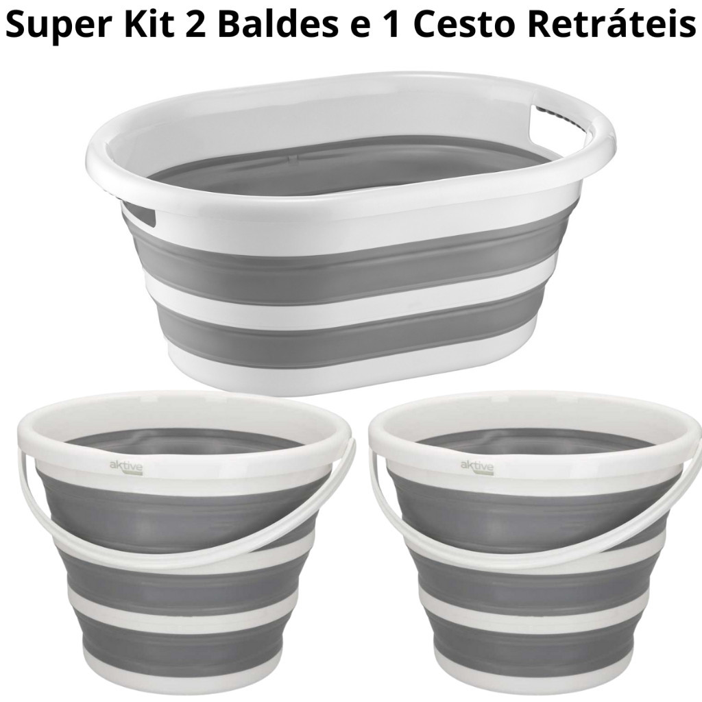 Kit Com 1 Cesto De 26 Litros Retrátil de Silicone E 2 Baldes De 10 Litros Retrátil Dobráve...