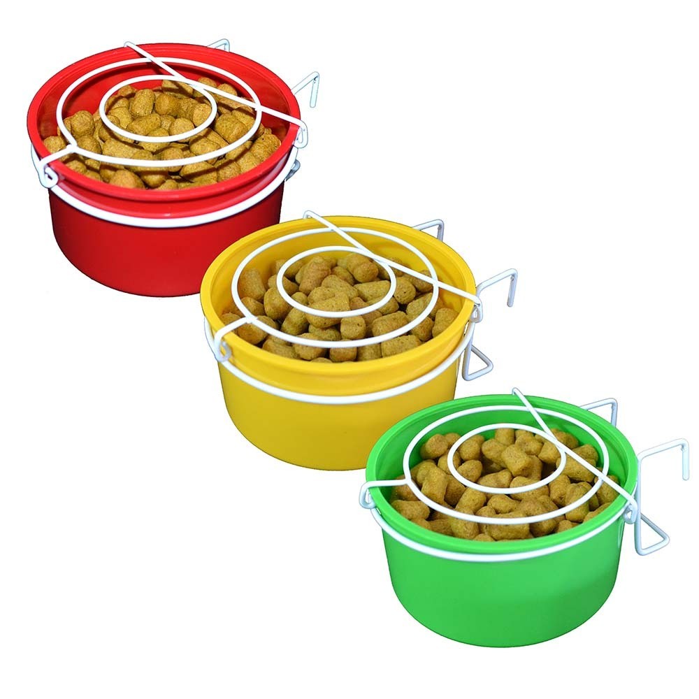 Kit com 02 Comedouro Caneca Tigela Pote Plástica para Pássaros com Suporte Grade Anti Desperdício em Arame