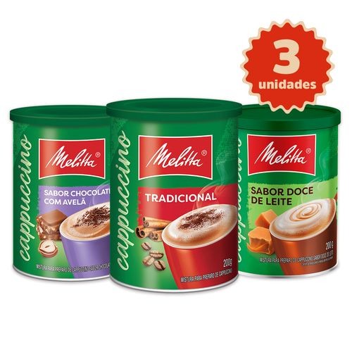 Kit 3 Cappuccinos Melitta® 200g cada Tradicional + Doce de Leite + Chocolate com Avelã em Oferta na Shopee