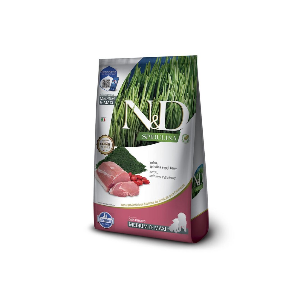 Ração N&D Spirulina Cães Filhotes de Porte Médio e Grande Sabor Suíno 10,1KG | Farmina