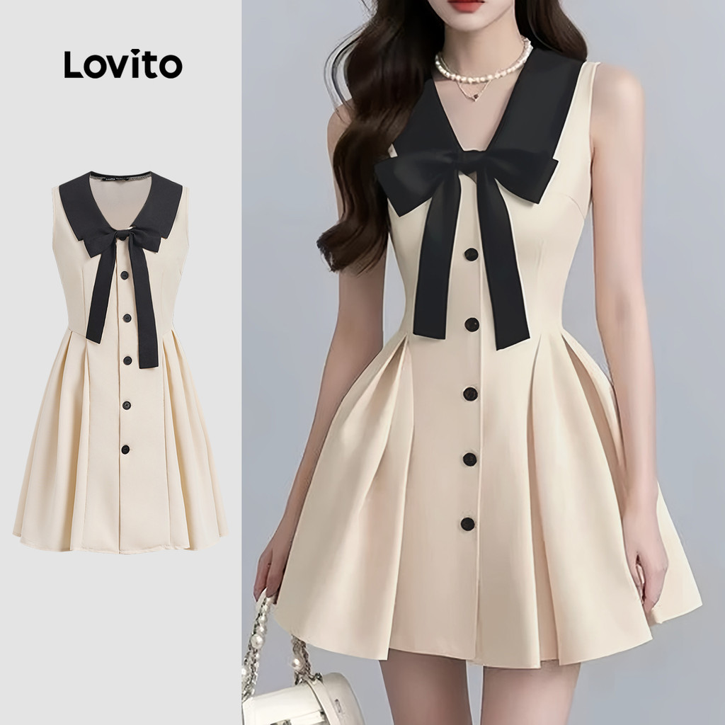 Lovito Elegante Liso Plissado Contraste Colarinho Retro Verão Primavera Vestido Multicolorido Para Mulheres L132ED516 em Oferta na Shopee