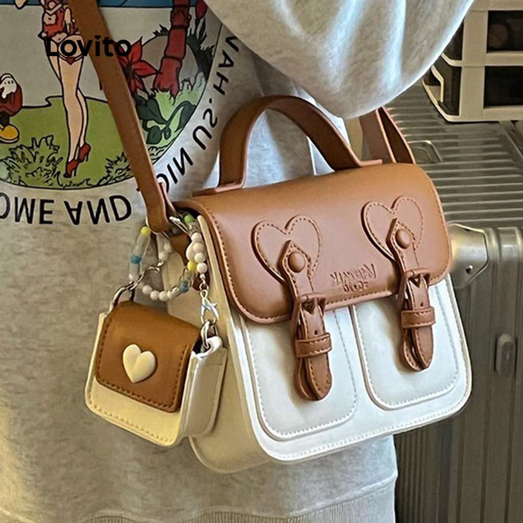 Lovito Bolsa Cambridge De Retalhos Fofa Cor Creme Pequena Quadrada Bolsa De Ombro Pequena Para Mulheres LFA80FX026 - Women Bags