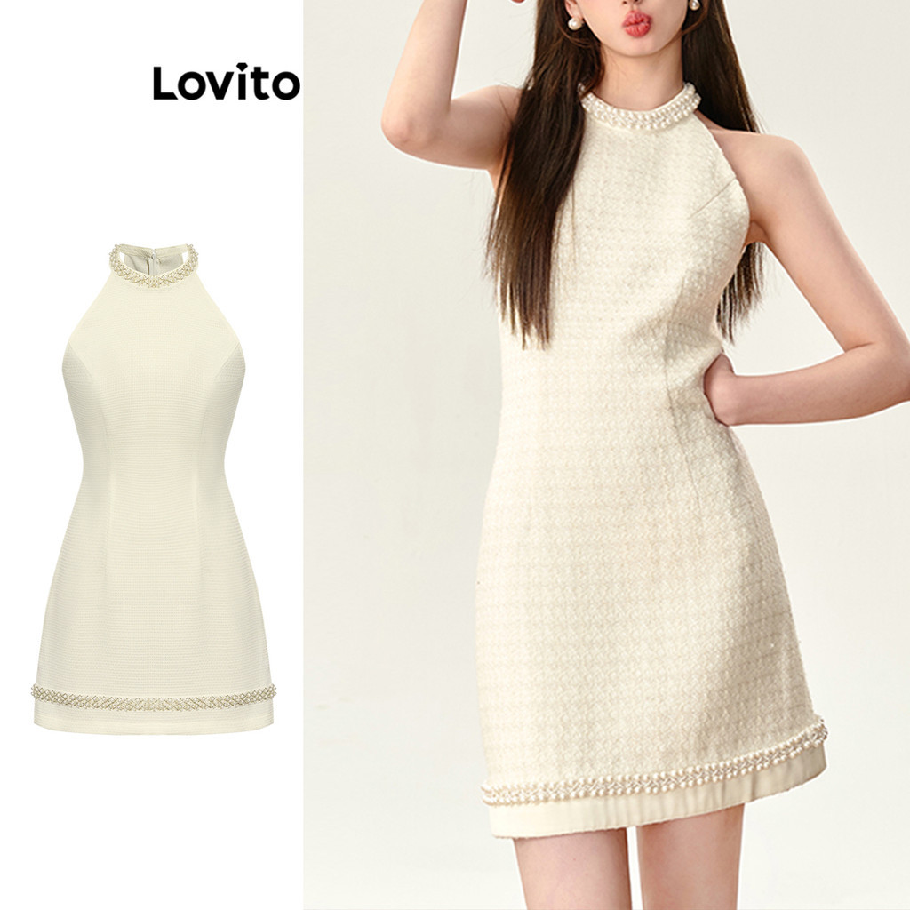 Lovito Vestido Elegante Vestido De Tweed Com Pérolas Lisas Para Mulheres L74ED164 - Women Clothes