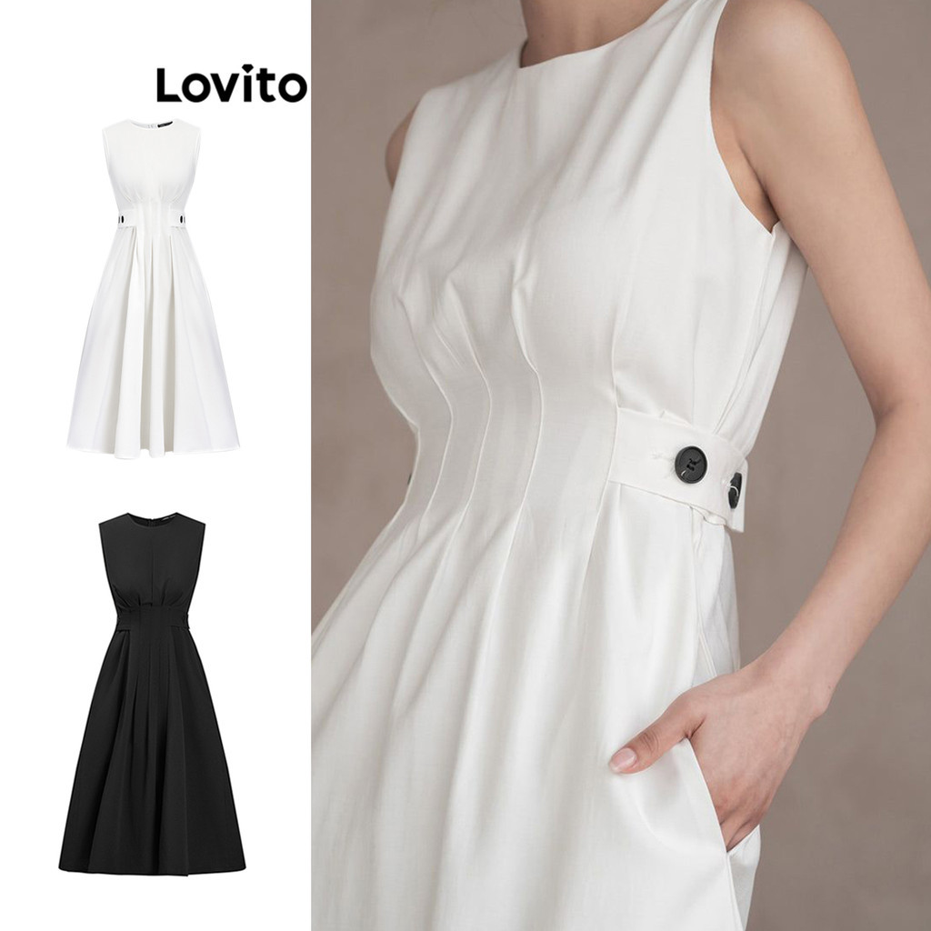 Lovito Vestido Elegante Vestido Liso Plissado Com Botões Para Mulheres L74ED183 (Multicolorido) em Oferta na Shopee