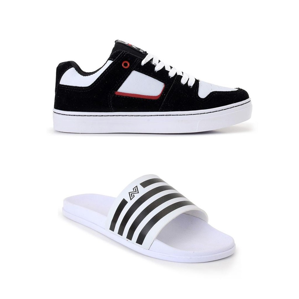 Kit Tênis Branco Preto Skatista Chinelo Sandália Slide Unissex