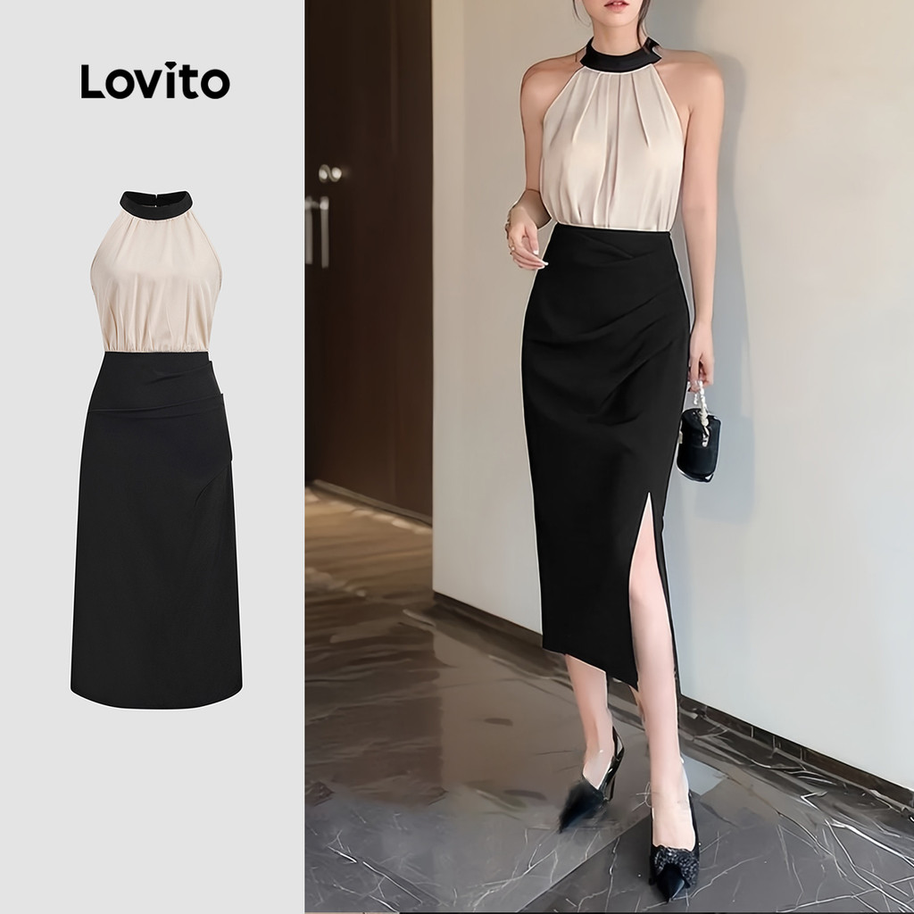 Lovito Vestido Casual Liso Colorblock Plissado Para Mulheres L133ED598 - Women Clothes