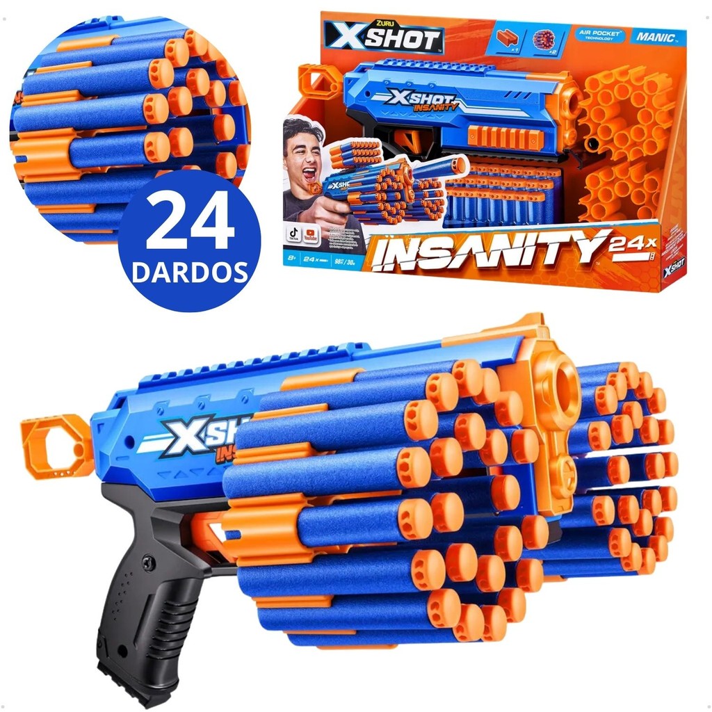 Lançador de Dardos X-Shot 24 Dardos Insanity Maniac Pistol Candide 5640