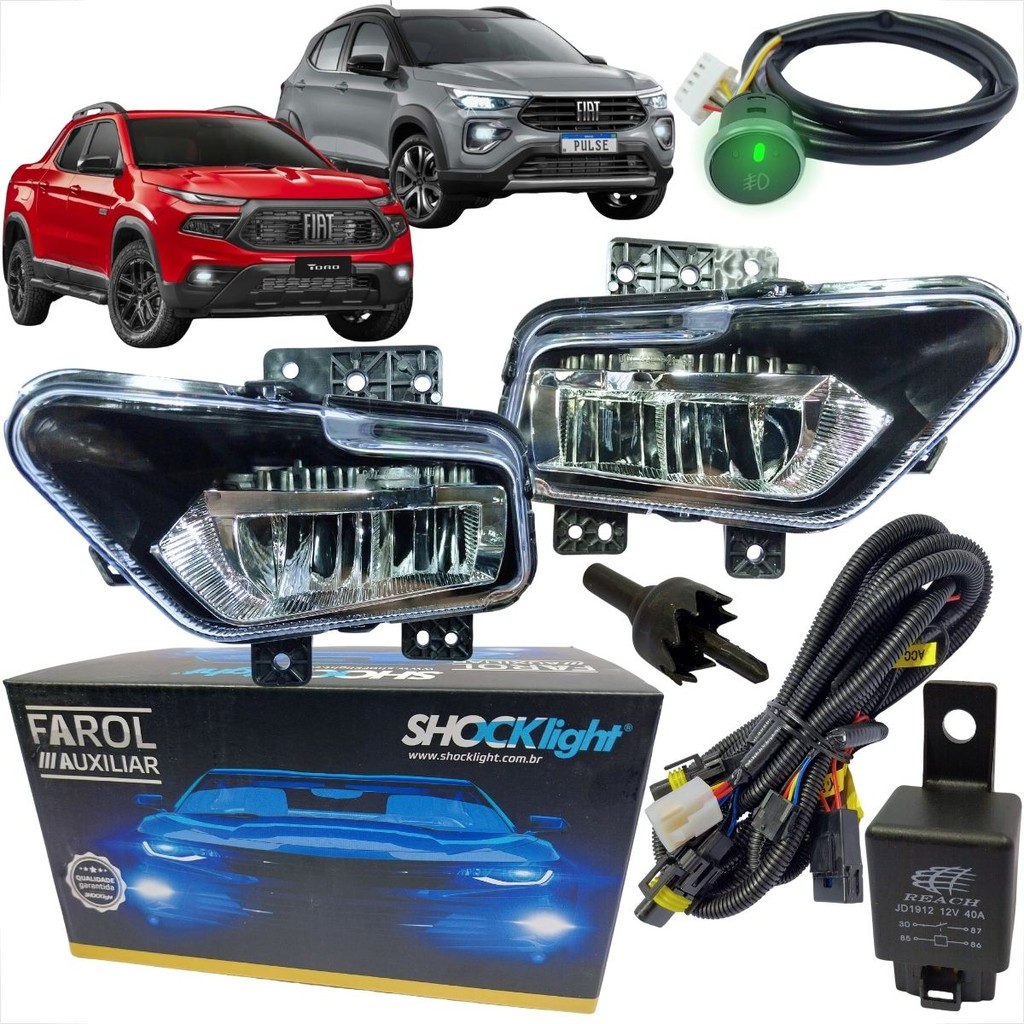 KIT FAROL AUXILIAR DE MILHA EM LED COM BOTÃO TOUTH P/ LINHA FIAT TORO E PULSE DE 2021 A 2025