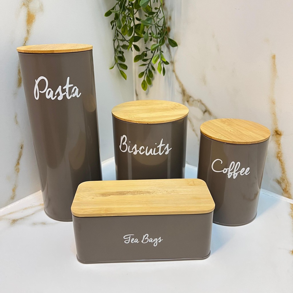 Kit Jogo Pote Lata Metal Chá Café Biscoito Pasta Brinox Fendi 4 Peças