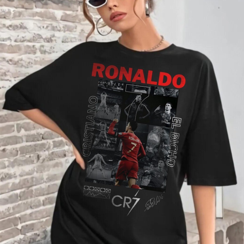 Blusa CR7 Feminina Oversized Unissex Masculina Estampa Cristiano Ronaldo cor Preta