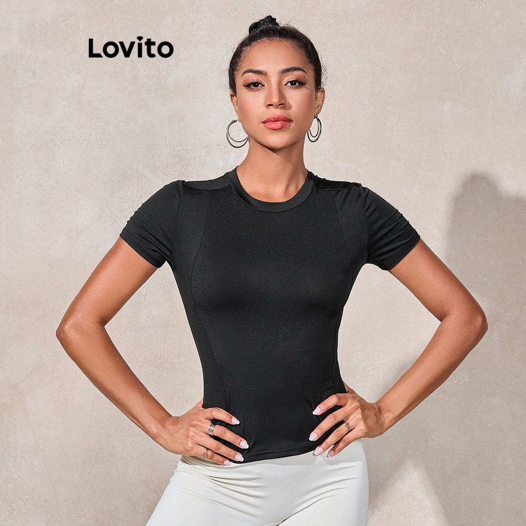 Lovito Camiseta esportiva casual simples básica para mulheres LBL18895