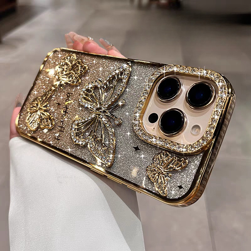 Glitter Strass Luxo Borboleta Padrão Caso iPhone 16 15 14 13 12 11 Pro Max Elegante E Bonito Capa Traseira em Oferta na Shopee