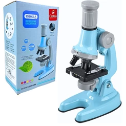 Microscópio Azul Infantil Didático Educacional 100x 400x 1200x Kit c/ Lâminas e Acessórios – Castela