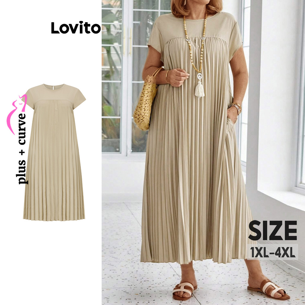 Lovito Vestido Plus Size Curve Boho Simples Plissado para Mulheres LBL17700 - Women Clothes