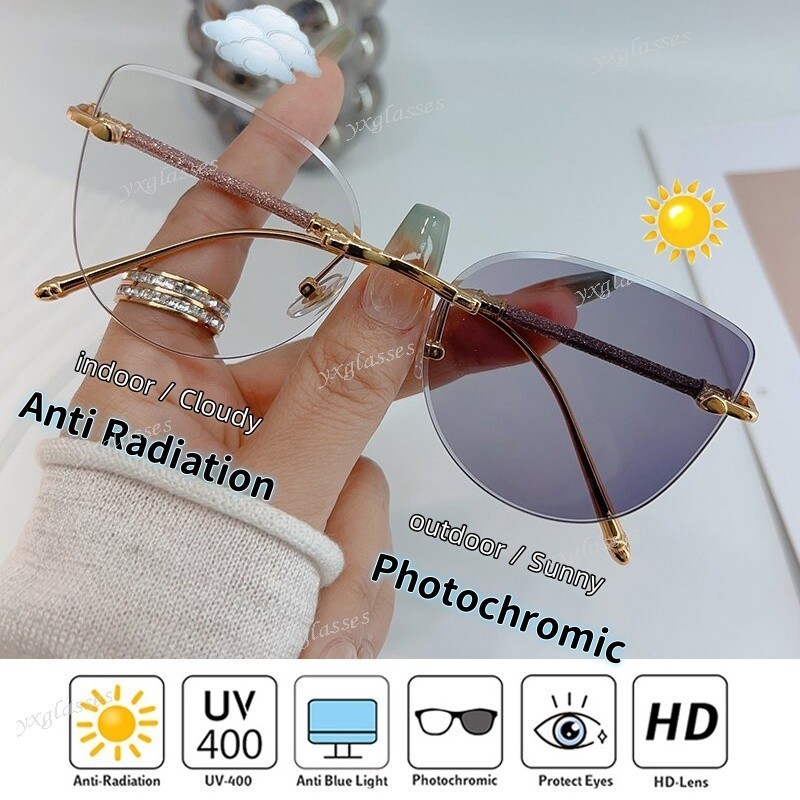 Novo Olho De Gato Sem Aro Fotocromático Anti Radiação Óculos Para Mulheres Homens Luz Azul Avançado Proteção UV De Sol
