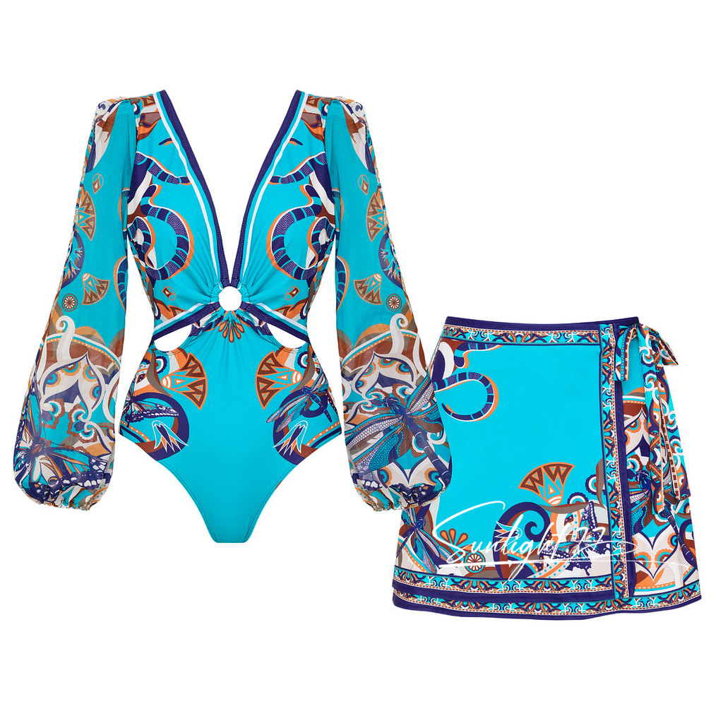 Novo Conjunto de Maiô de Manga Longa com Saia Floral e Proteção UV Sexy para Mulheres vestido de praia feminino