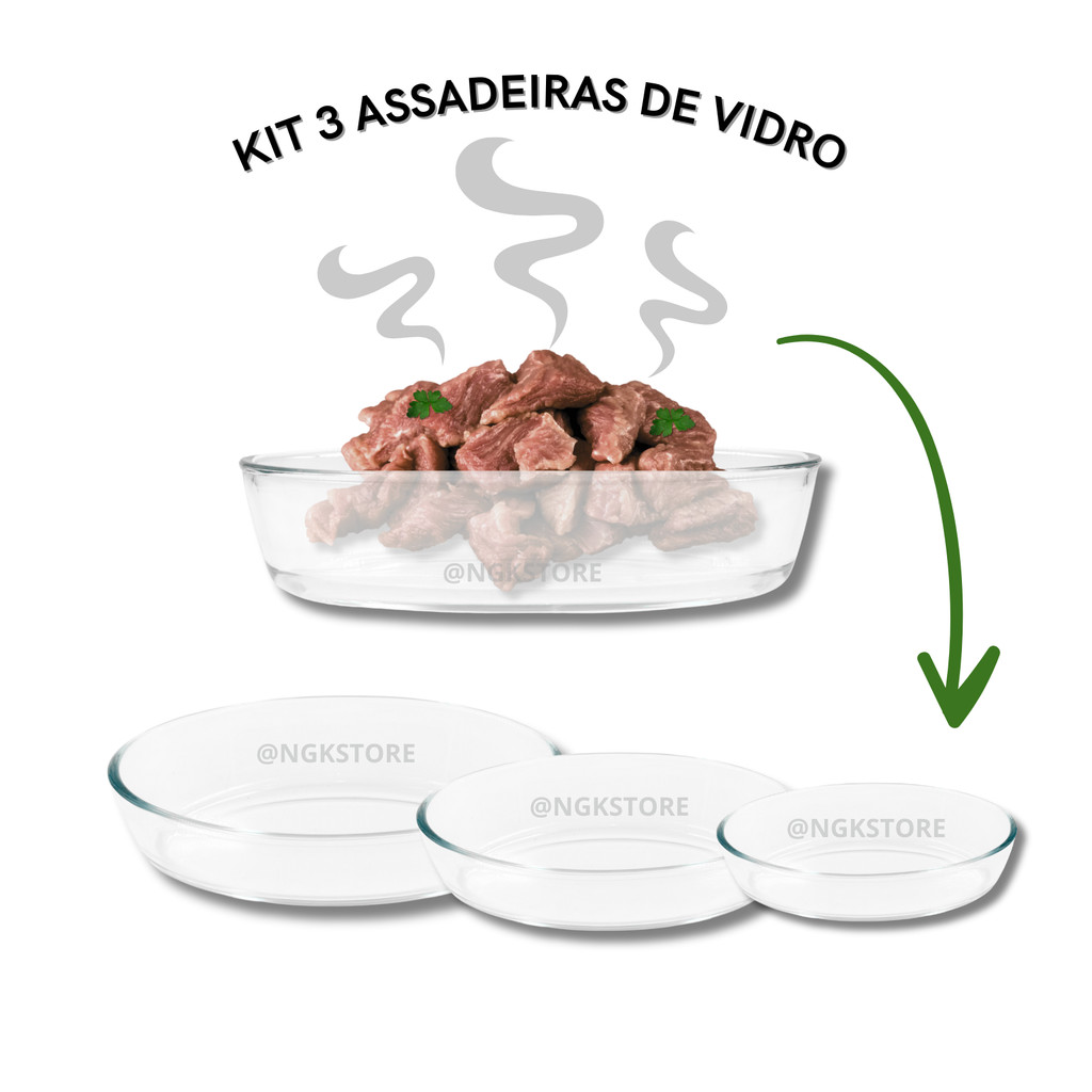 Kit 3 travessas vidro lasanheira pequena média grande resistente