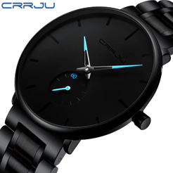 Relógio Masculino CRRJU Original Genuíno Clássico Pulseira De Aço Inoxidável Pequeno Mostrador Simples Casual Estilo Ao