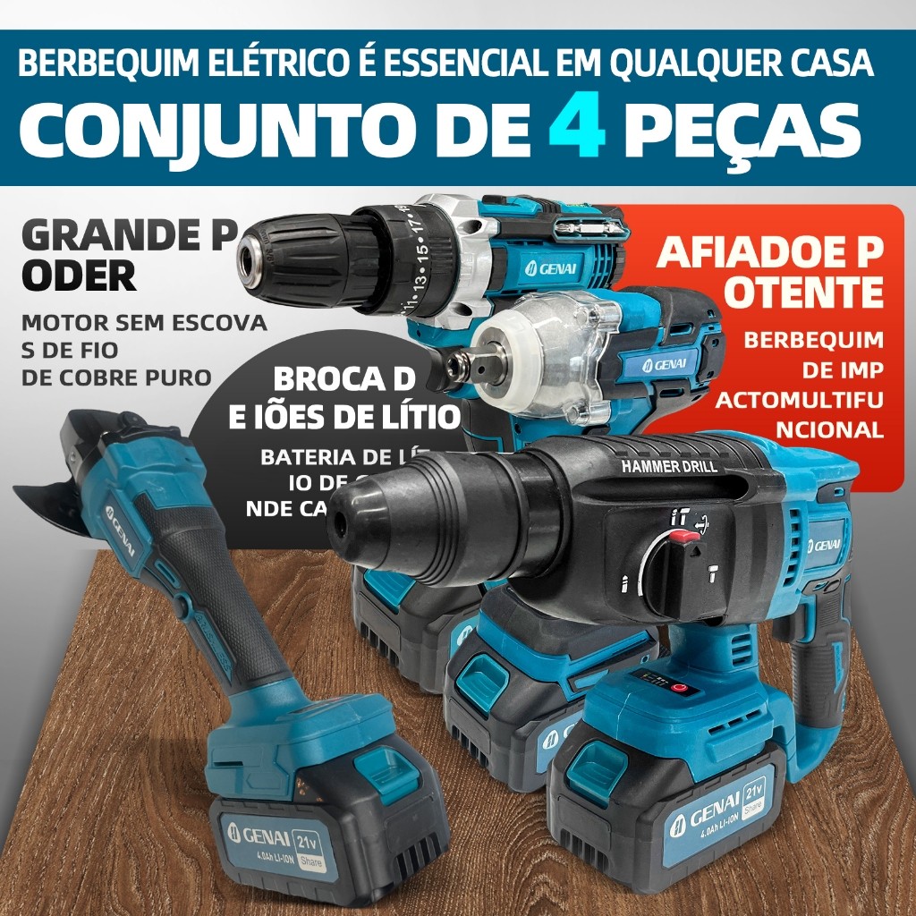 21V/68V Kit de ferramentas 4 em 1 Furadeira, Chave de fenda/Chave de impacto/Amolador/Martelo 2 baterias em Oferta na Shopee