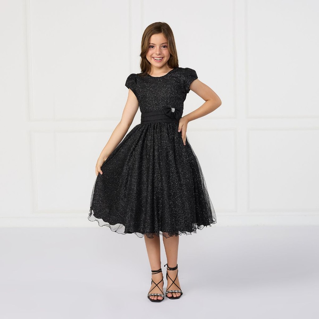 Vestido Glitter Nervura Preto Infantil Festa Aniversário Luxo