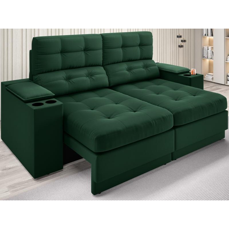 Sofá com Porta Copos e Carregador USB Eureka 1,70m Assento Retrátil e Reclinável Velosuede Verde - NETSOFAS