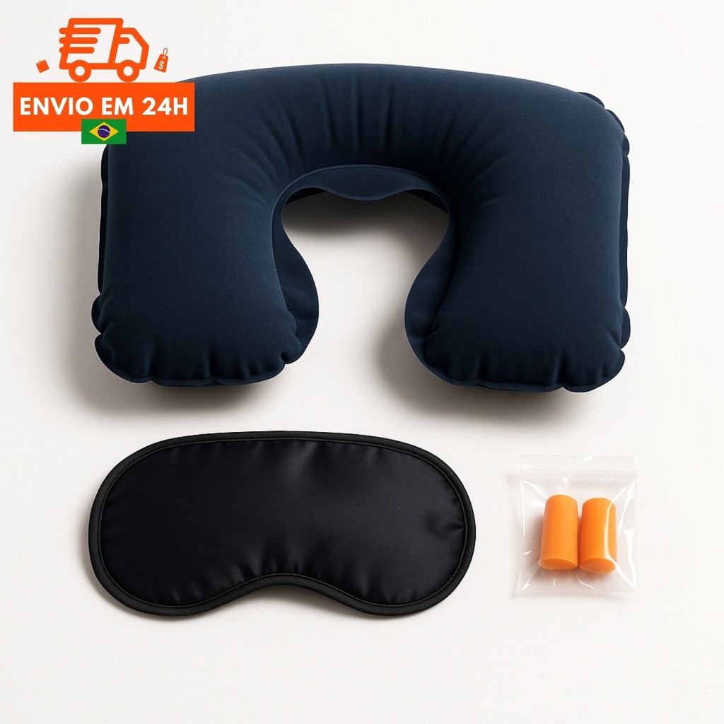 Kit Viagem 3 Peças Almofada Inflável, Máscara de Dormir e Protetor Auricular Portátil Avião Ônibus