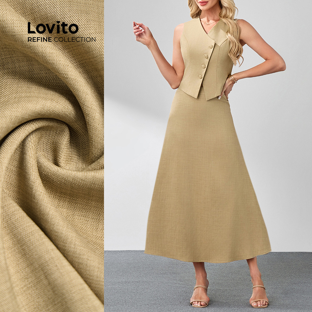 (Lovito Refine) Tops ou calças elegantes com botões assimétricos lisos para mulheres LR7LD011 - Women Clothes