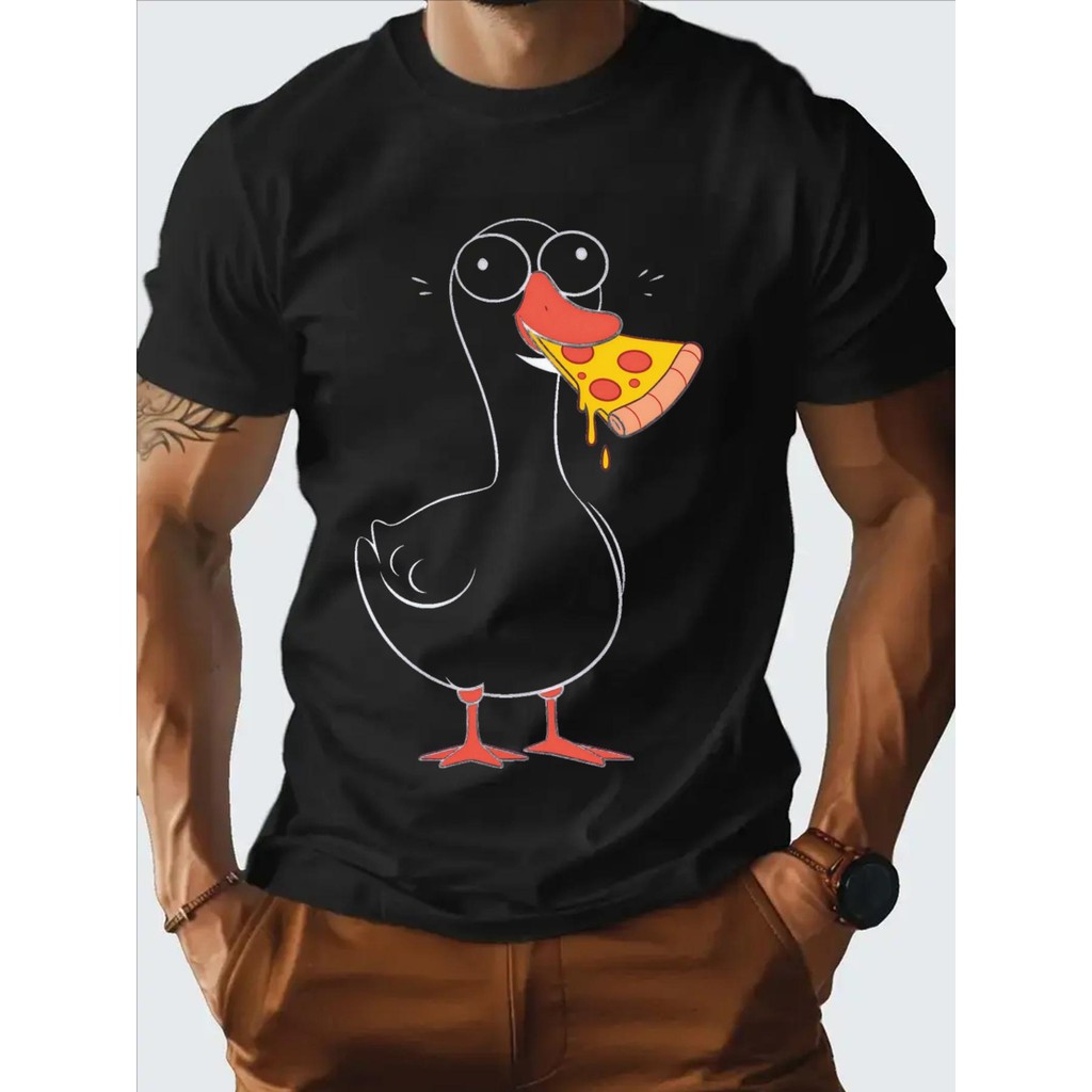 Cartoon Duck Eat Pizza Print Camiseta masculina com gola redonda