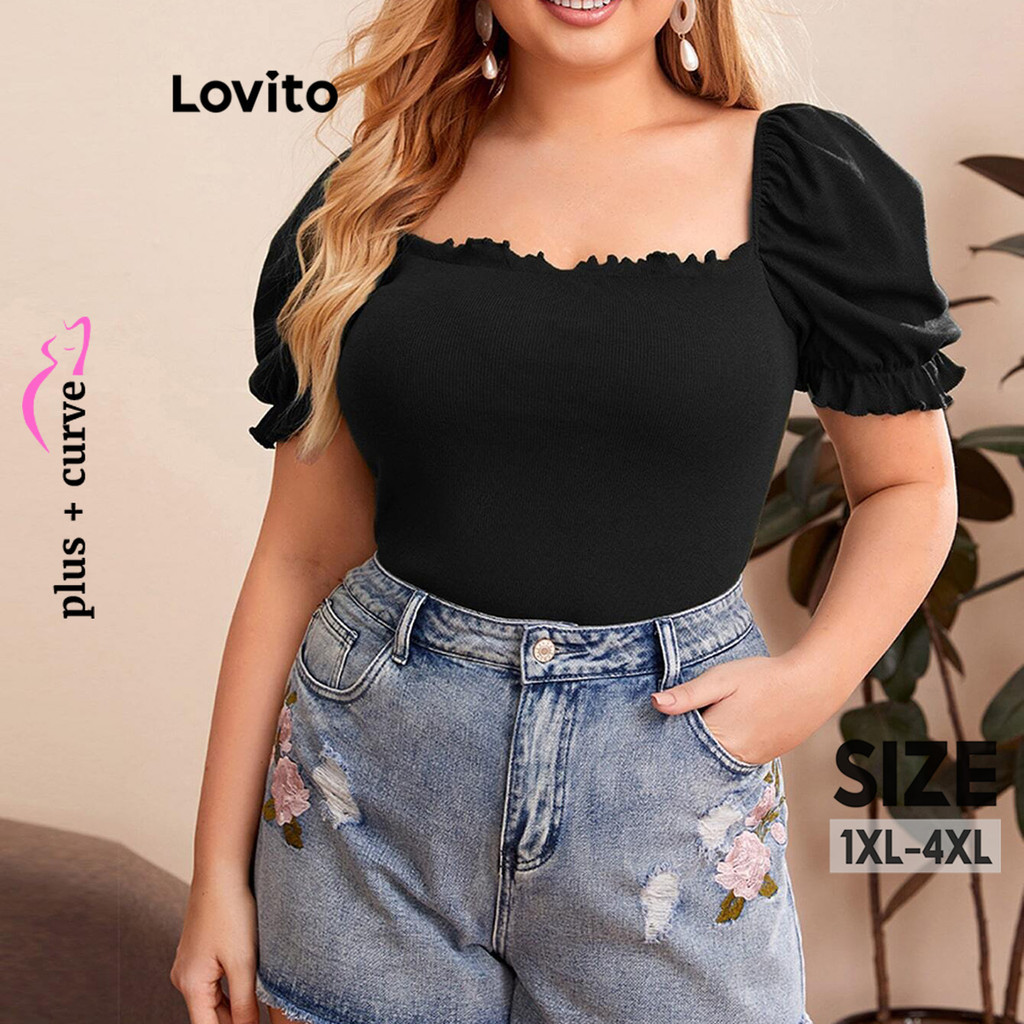 Lovito Camisetas femininas plus size curvas elegantes com gola quadrada lisa LNL72106 - Women Clothes