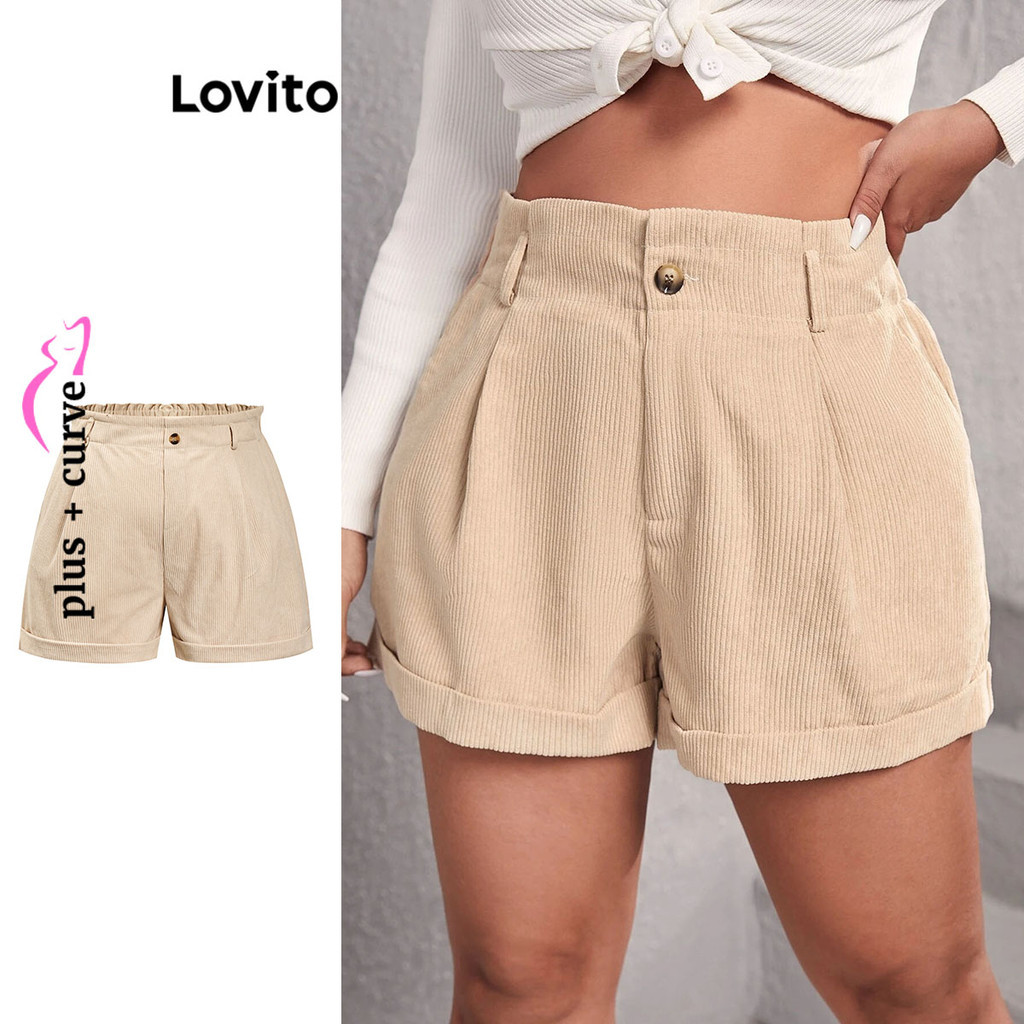 Lovito Shorts plissados de botão liso casual plus size curvo para mulheres LBL14579 - Women Clothes