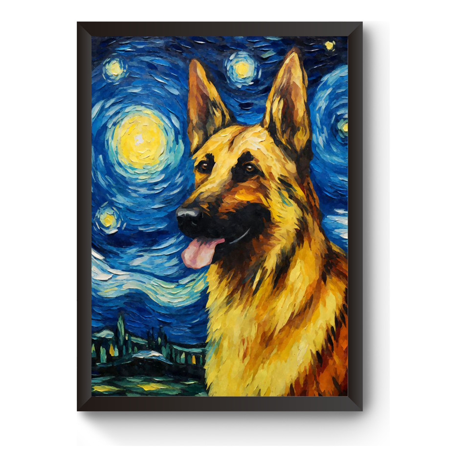 Quadro Decorativo Cachorro Pastor Alemão Noite Estrelada Raça Arte