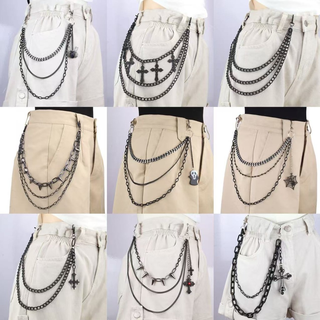 Gótico Punk Cruz Fantasma Rebite Pingente Multi-Camada Calças Corrente Para Homens Preto Vestindo Acessórios em Oferta na Shopee