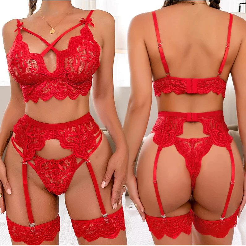 Conjunto De Lingerie Sexy De Renda Feminina , Biquíni Erótico De Pelúcia , 3 Peças , Sutiã , Calcinha , Ligas , Conjunto
