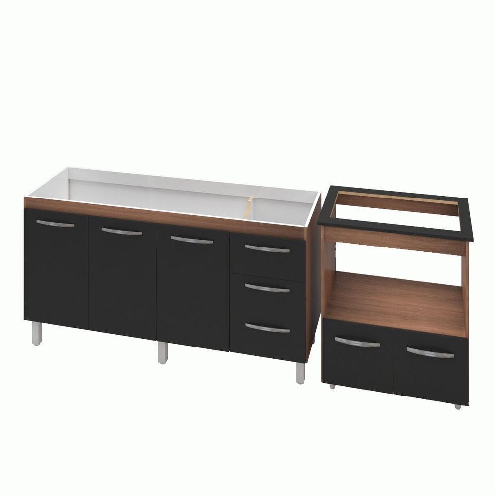 Armário Gabinete Balcão Para Pia 138 Cm Carina Balcão Para Cooktop 5 Bocas Forno Elétrico Preta - Home & Living