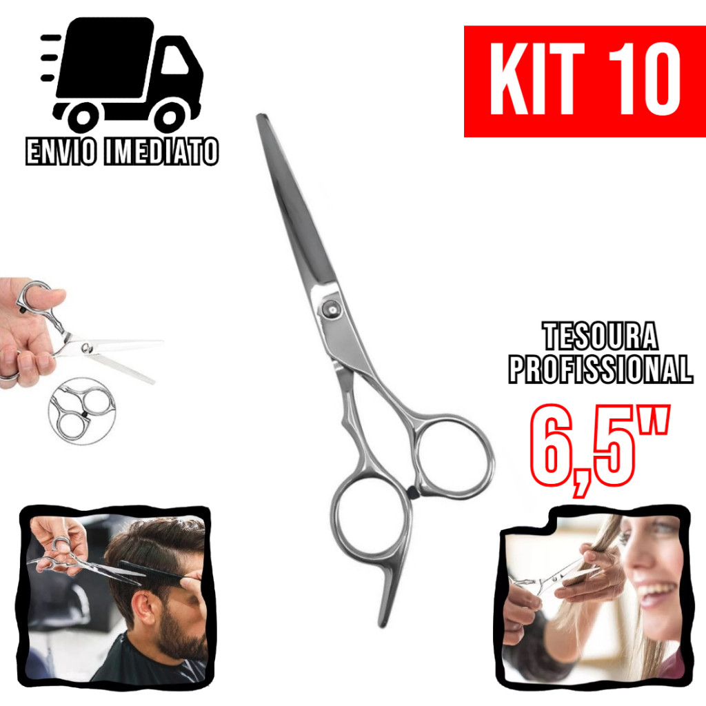 Kit 10 Tesoura Cabeleireiro Profissional 6,5" Aço Inoxidável Barbearia e Salão