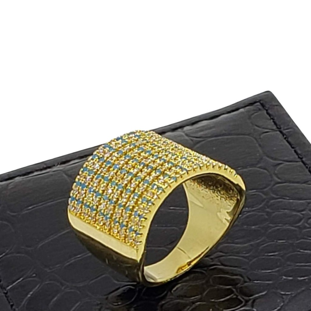 Anel Cravejado Pavê Zirconias Azul Turquesa E Cristal Banho Ouro 18k 4052