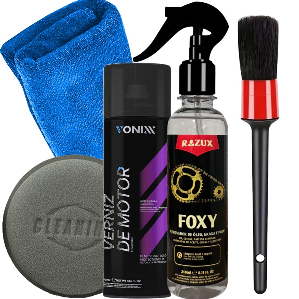 Kit Limpa Motor Moto Carro Foxy Razux e Verniz de Motor Vonixx Pincel Toalha Microfibra e Aplicador