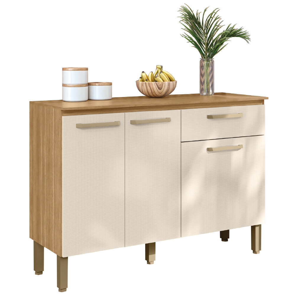 Balcão de Cozinha 3 Portas e 1 Gaveta com Tampo 1,20m Versalhes Madeirado / Areia Kit's Paraná em Oferta na Shopee