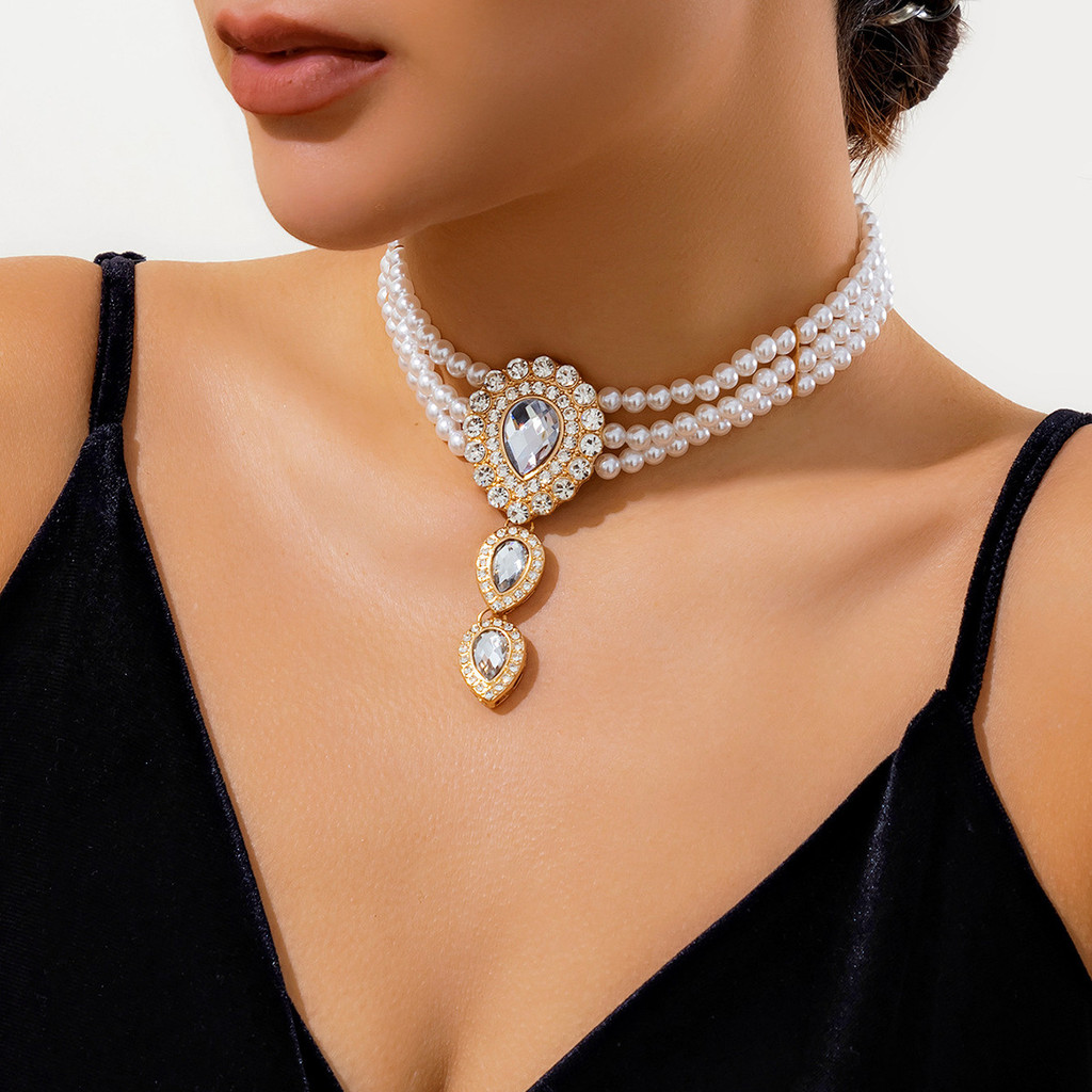 Colar Choker Pérola Feminino Luxo Strass Cristal Dourado Festa Casamento Noiva Elegante Presente Bijuteria