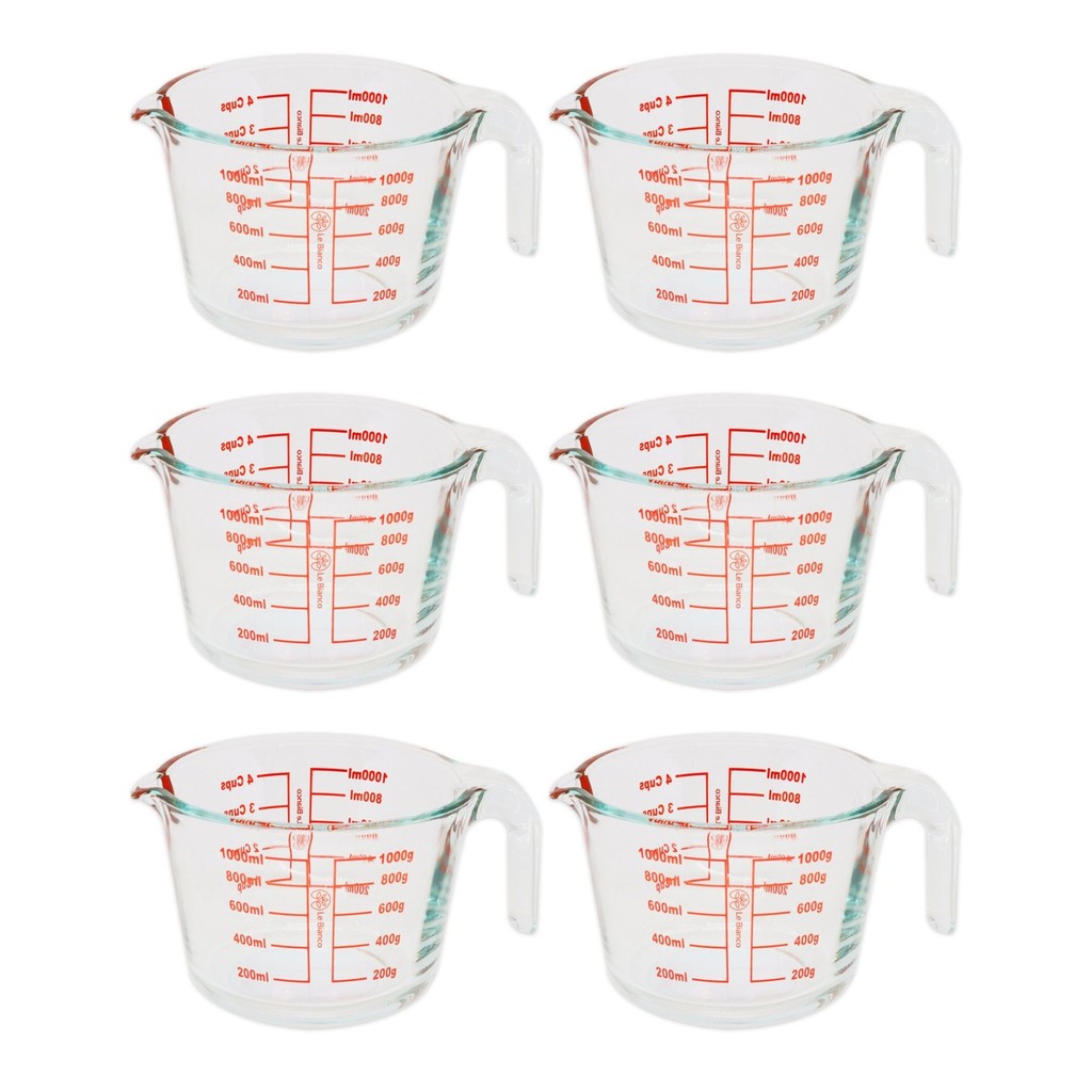 Kit 6 Jarra De Vidro Medidora Graduado 1L Com Alça Bico Temperado Culinária Receita Cozinha