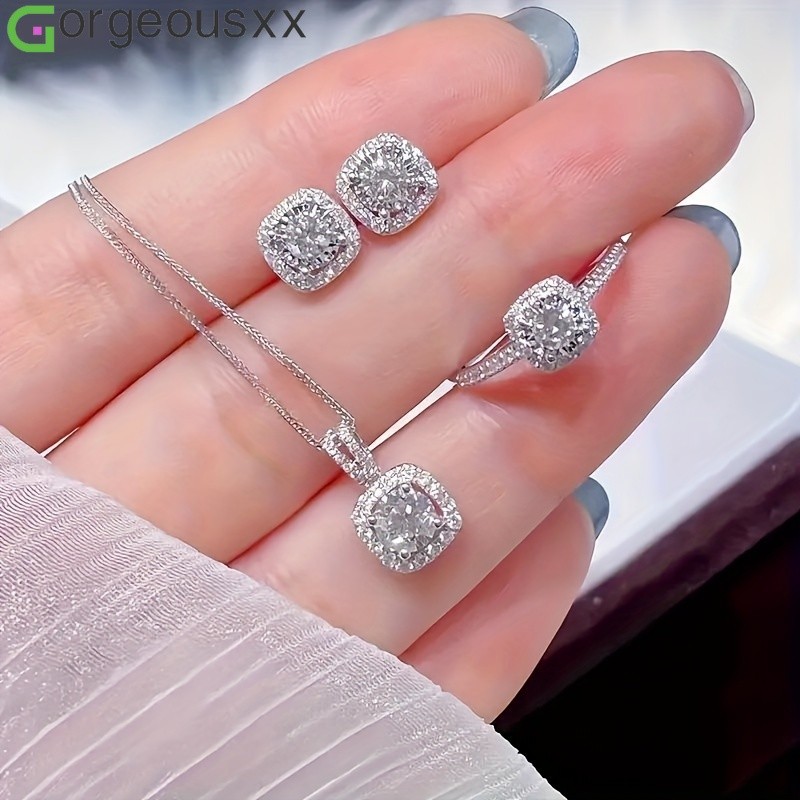 [Gorgeousxx] Espumante Luxuoso Cubo Strass Anéis Brincos Colares Para Mulheres Unidade De Joias De Festa